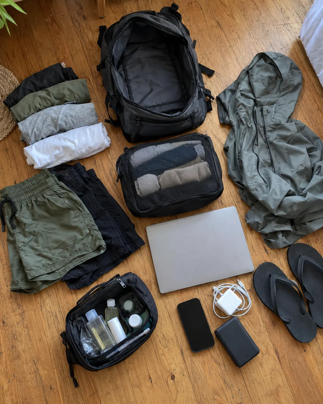 Clothes, a thin laptop, chargers, a toiletry bag and flip-flops laid out next to a small empty backpack