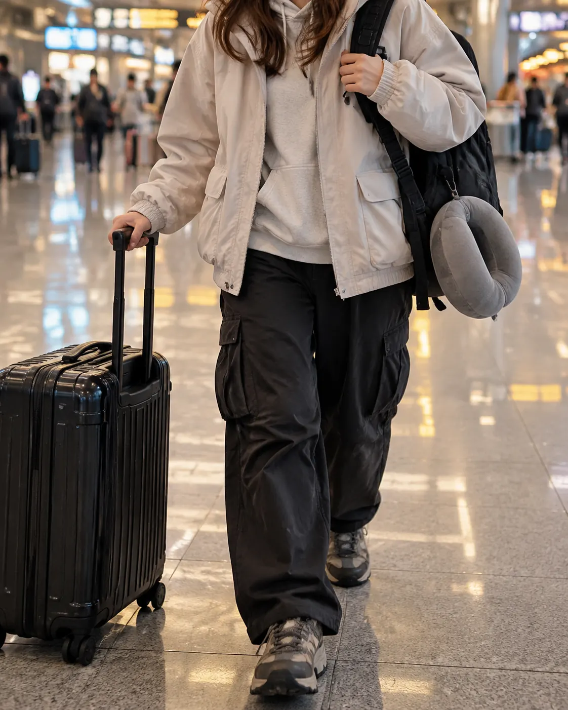 A traveler in an airport wearing a jacket with full pockets over a hoodie, with a small backpack on one shoulder