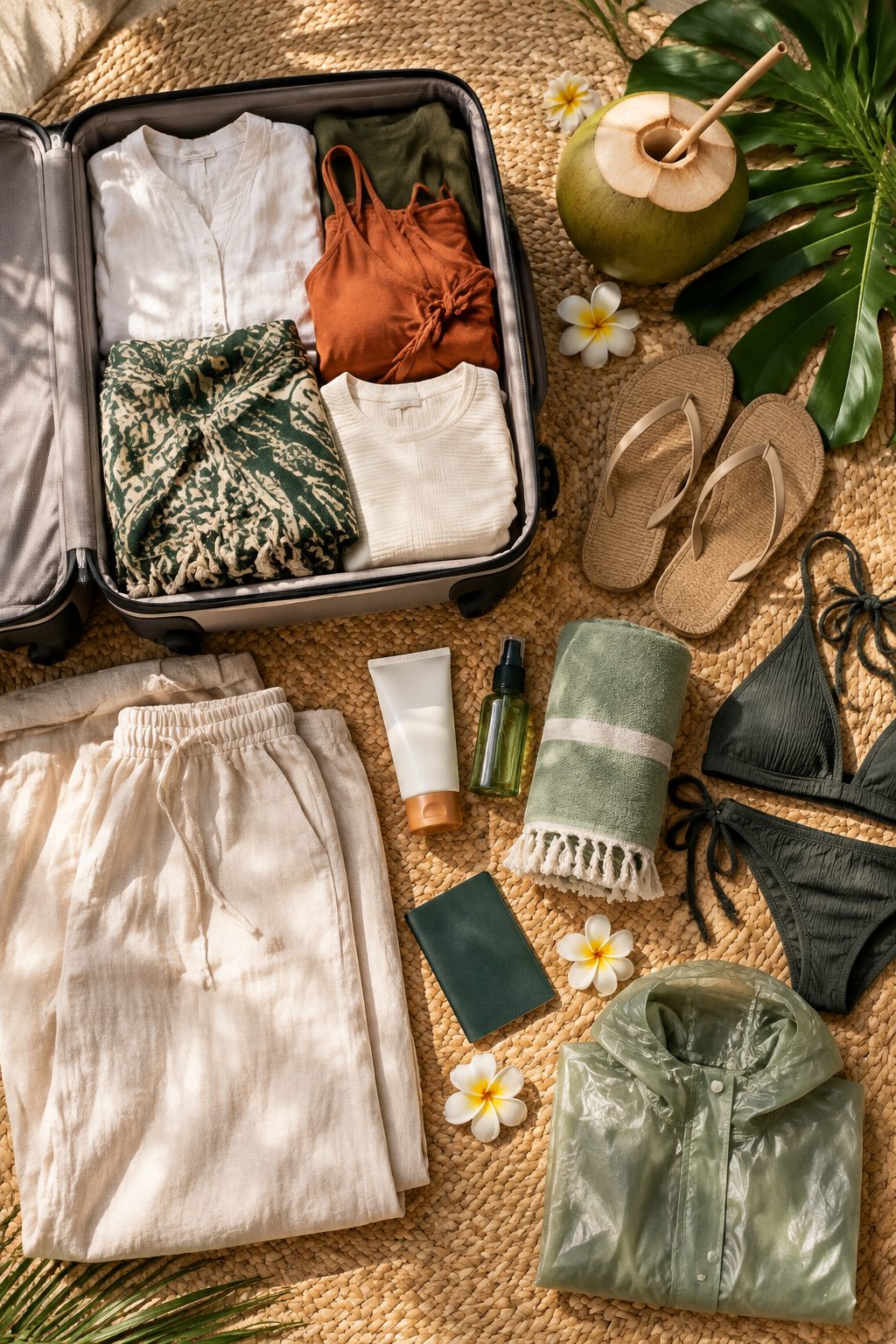 Flat-lay of a carry-on packed for Bali: linen trousers, sarong, swimsuit, flip-flops and a light rain poncho