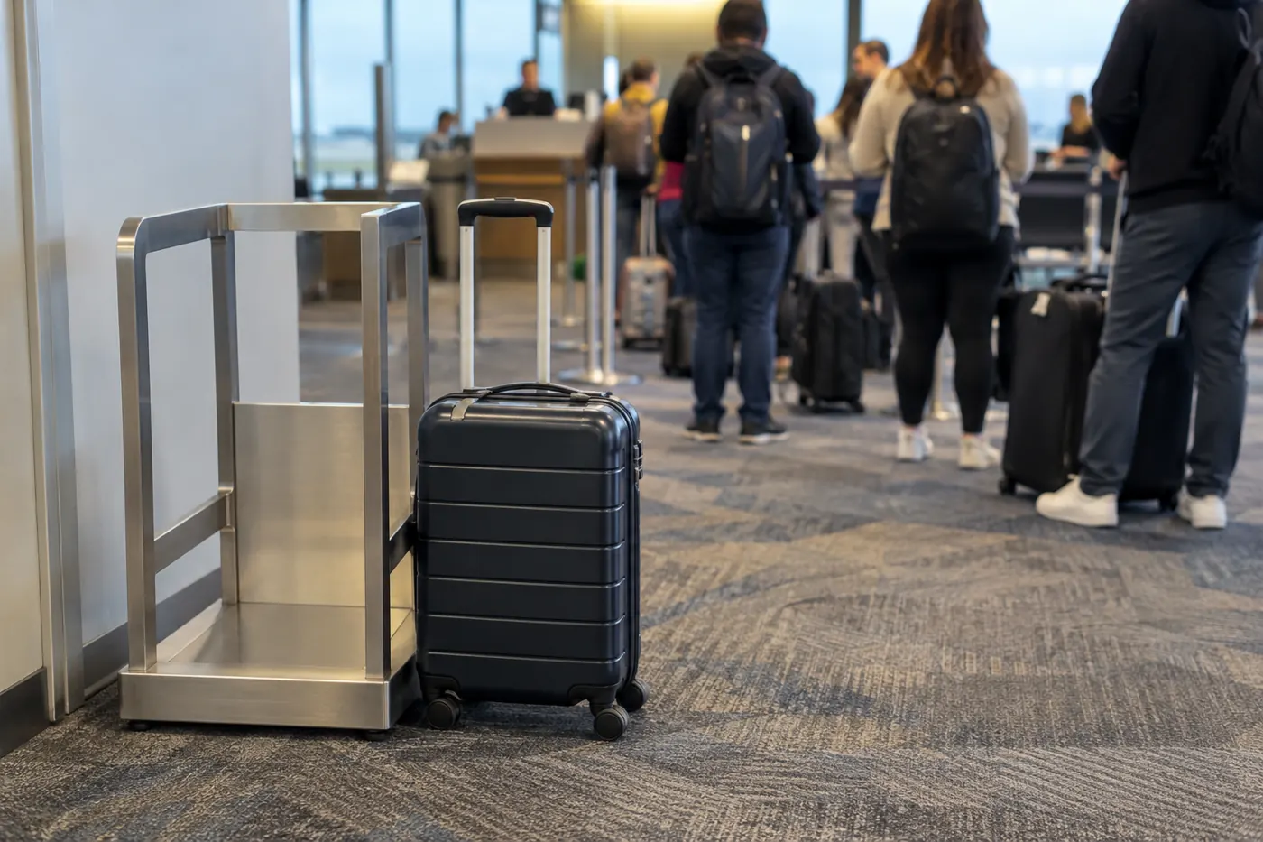 A small wheeled carry-on standing next to a metal bag sizer at a boarding gate