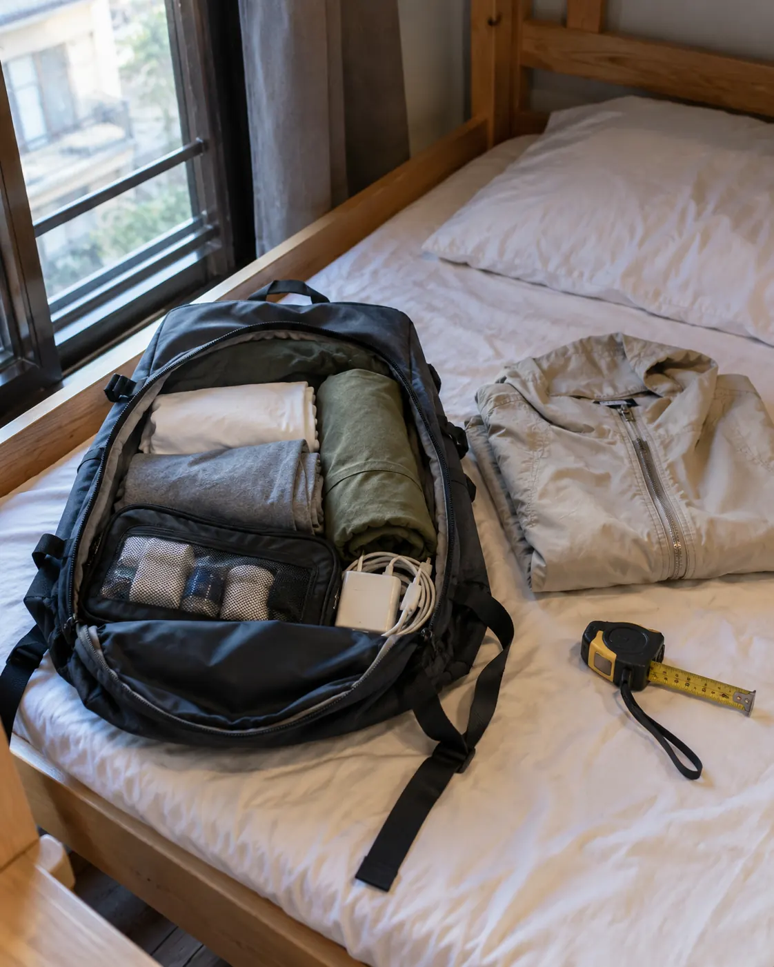 A small 20-litre daypack packed for a weekend trip with a jacket and tape measure beside it