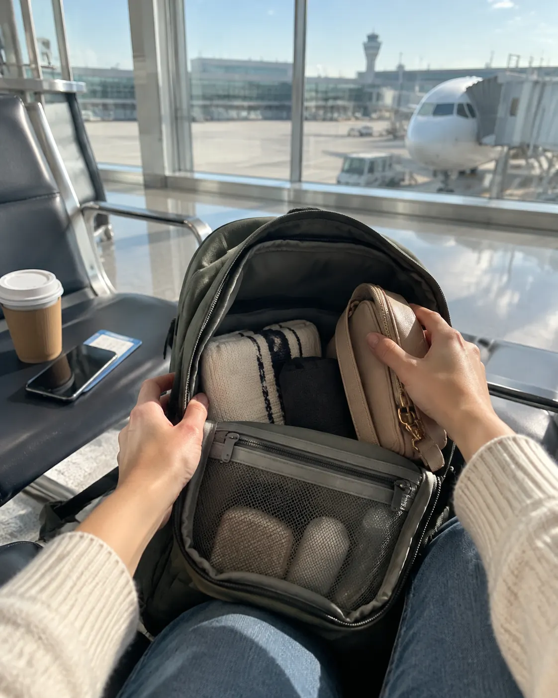 Tucking a small crossbody bag inside a backpack at the gate before boarding