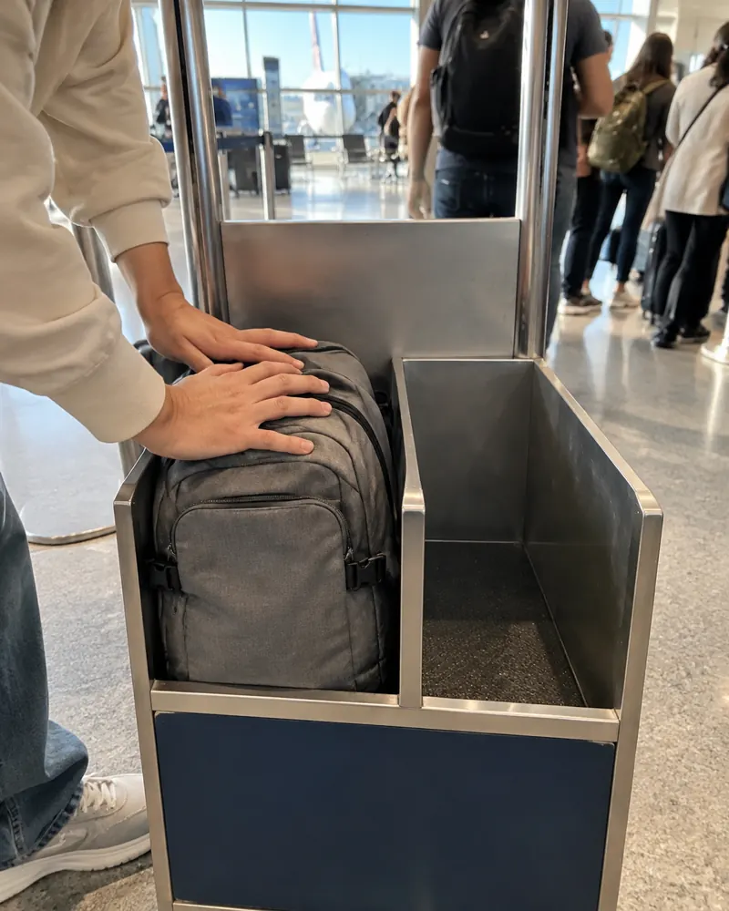 A small soft backpack being pressed into a metal bag sizer at a European airport gate
