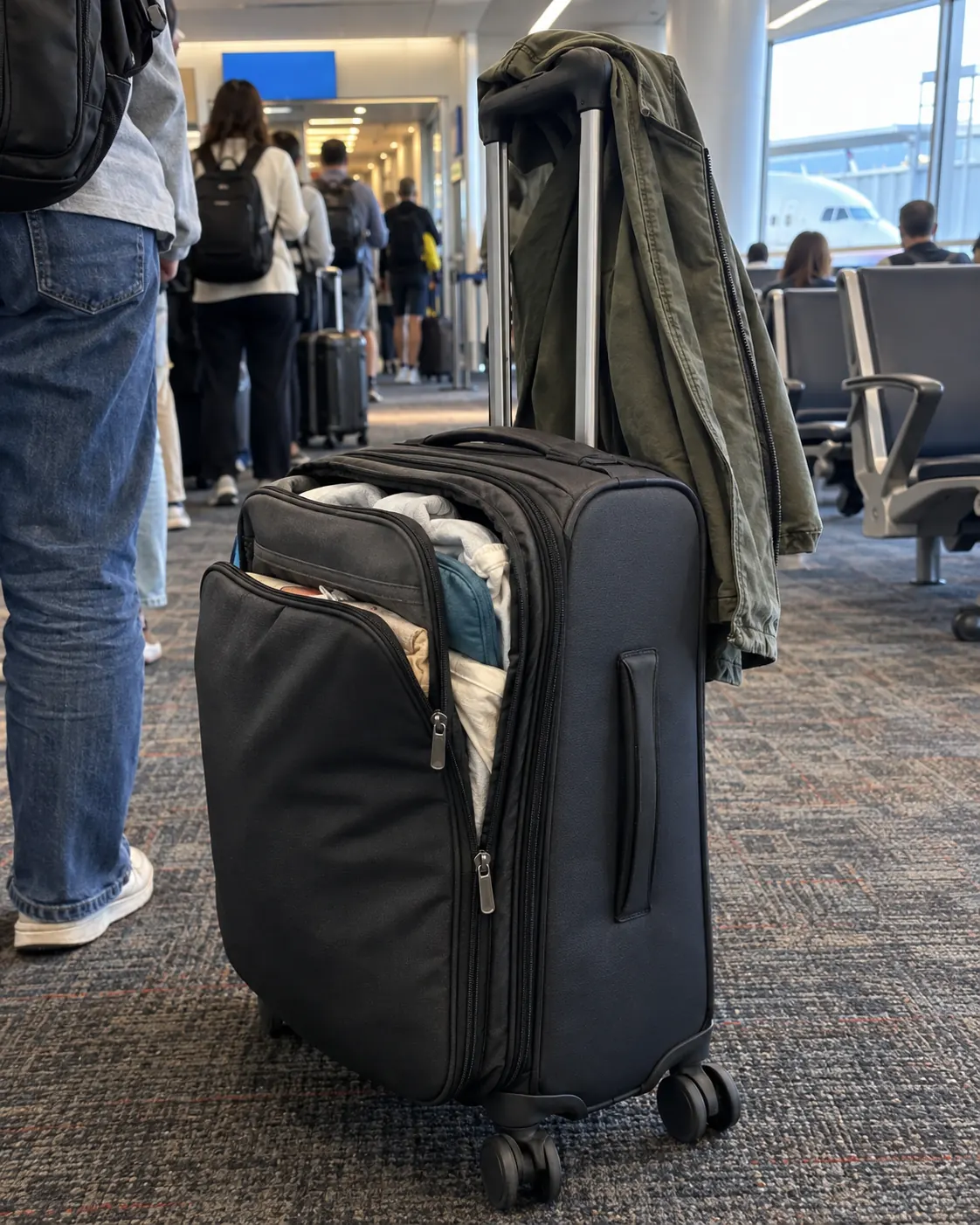 A soft carry-on roller with its expansion zipper open standing at an airport boarding gate