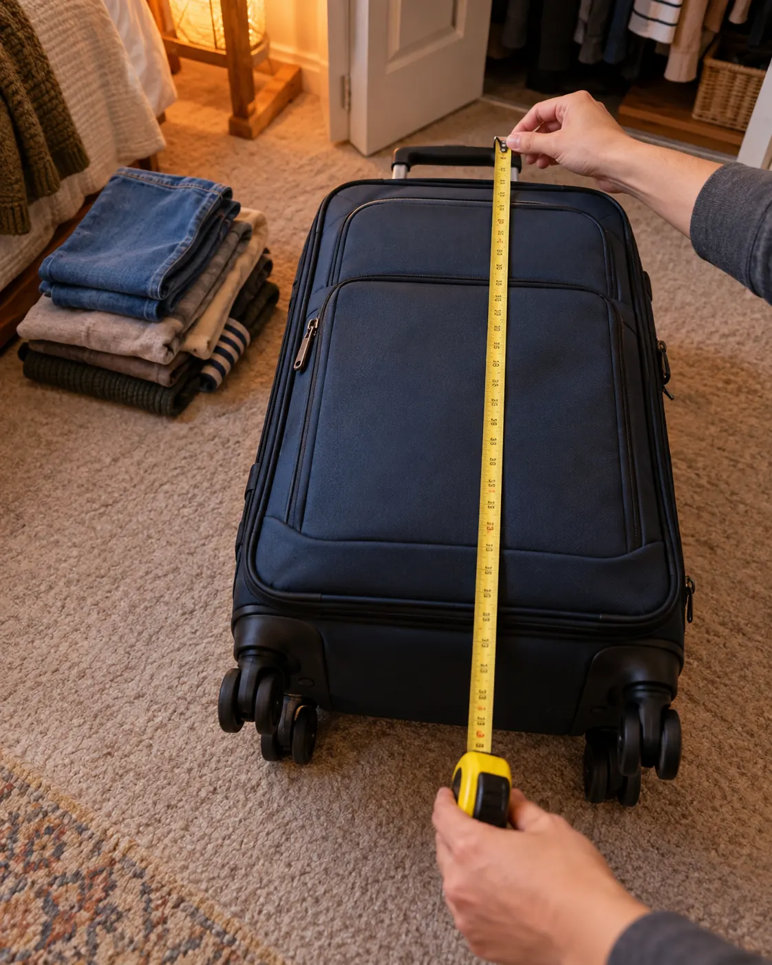 Measuring a packed carry-on with a tape measure from the wheels to the handle