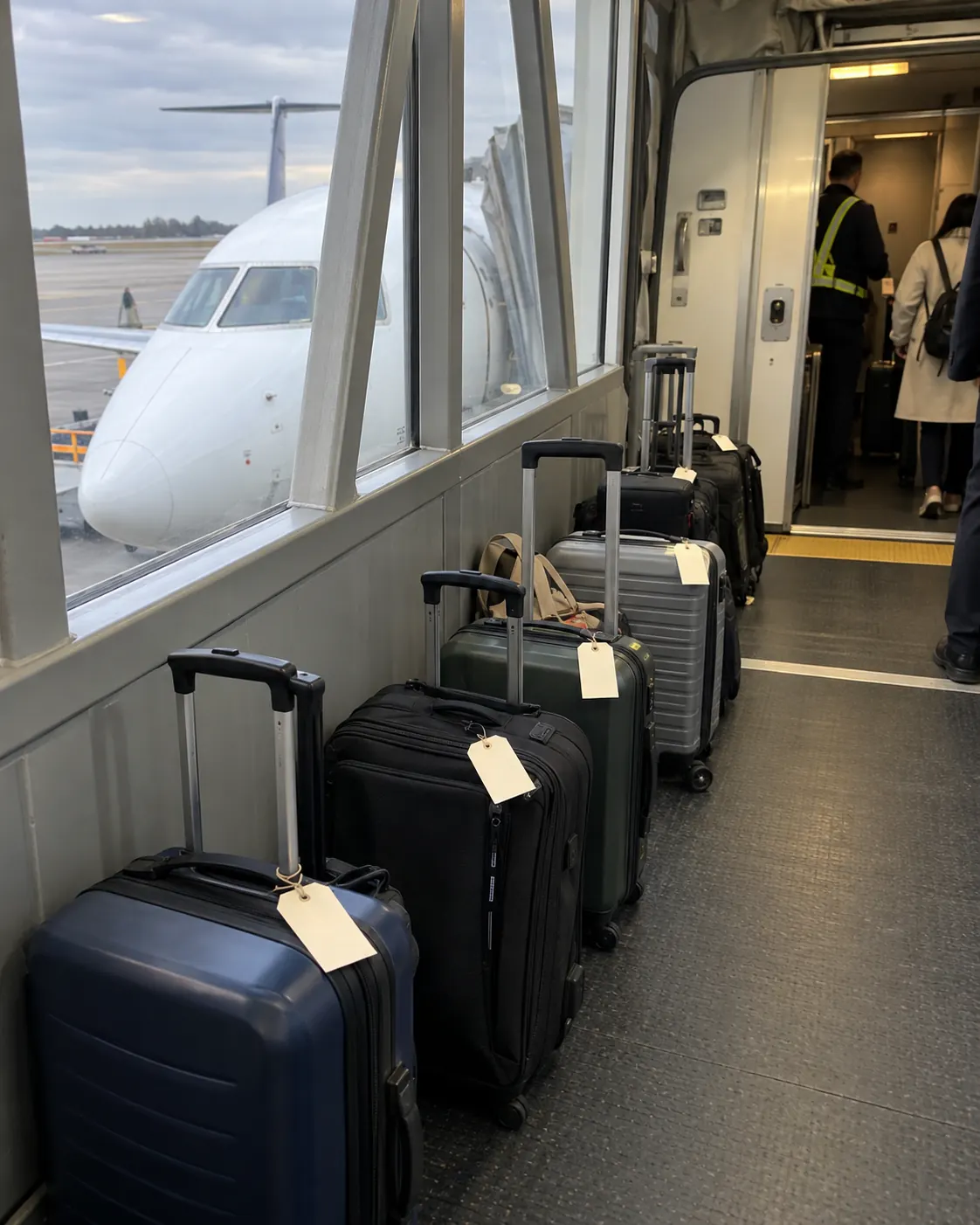 Carry-on bags with gate tags lined up on a jet bridge beside a small regional jet