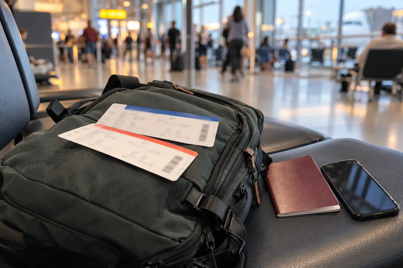 Two boarding passes from different airlines lying on top of a small carry-on backpack on an airport bench