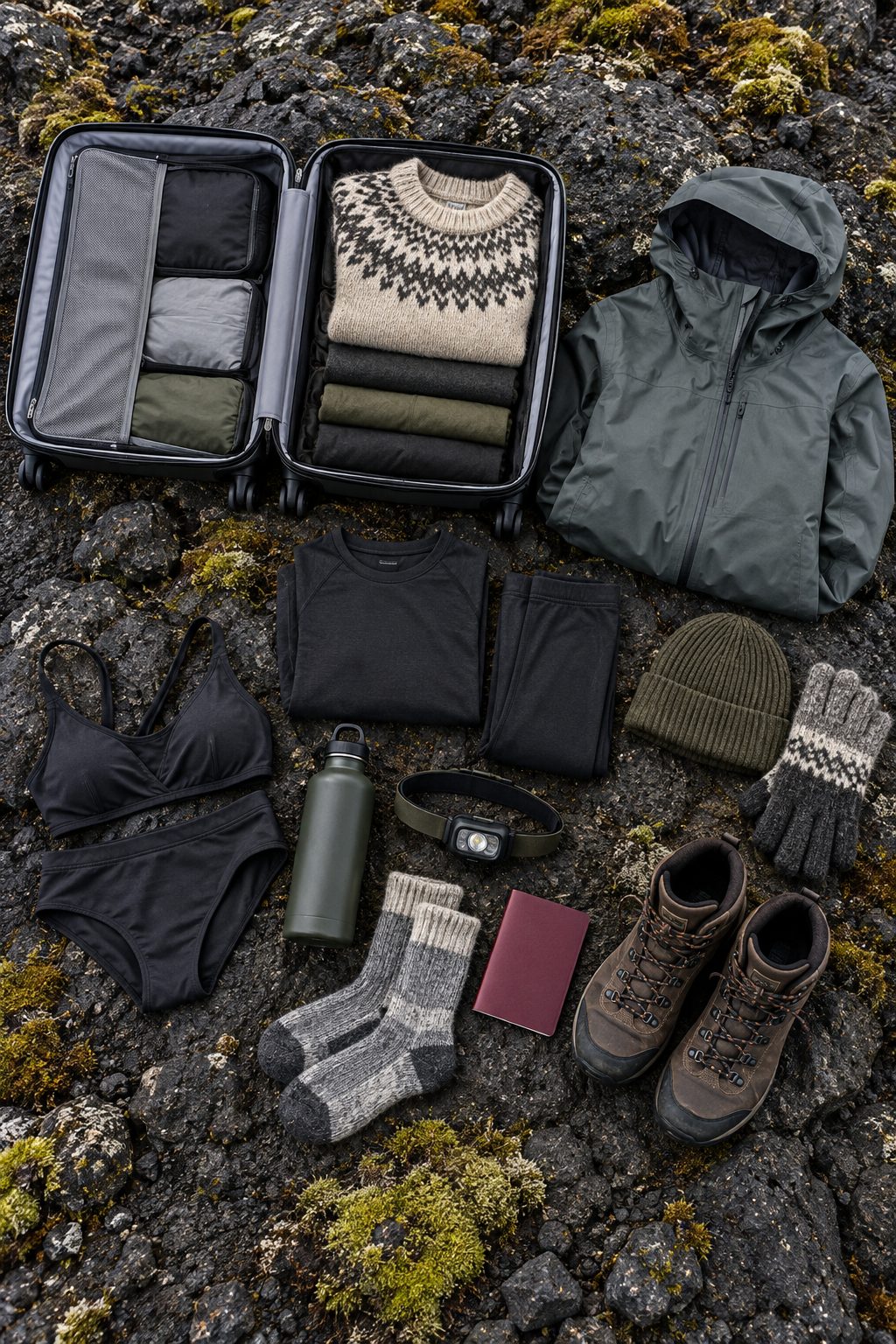 Flat-lay of a carry-on packed for Iceland: waterproof jacket, wool sweater, hat, gloves, hiking boots and swimsuit