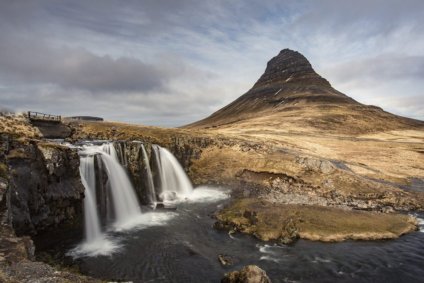 Kirkjufell mountain with a waterfall in front under a cloudy sky