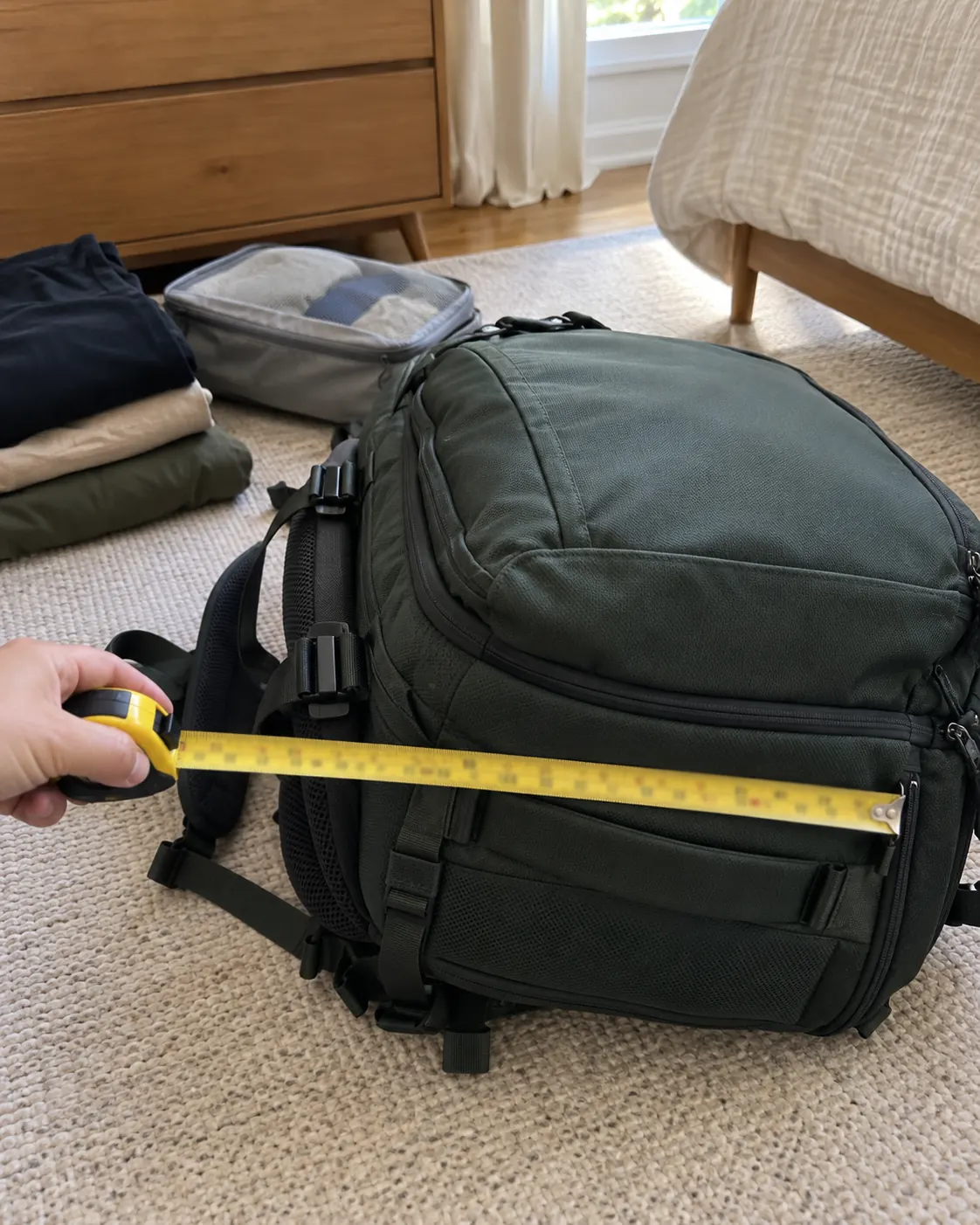 A packed soft backpack on a bedroom floor with a tape measure stretched across its depth