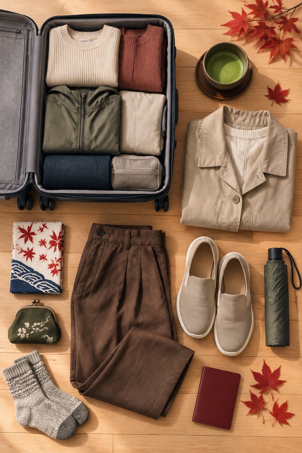Flat-lay of a carry-on packed for Kyoto in autumn: knitwear, light jacket, slip-on shoes, umbrella and passport