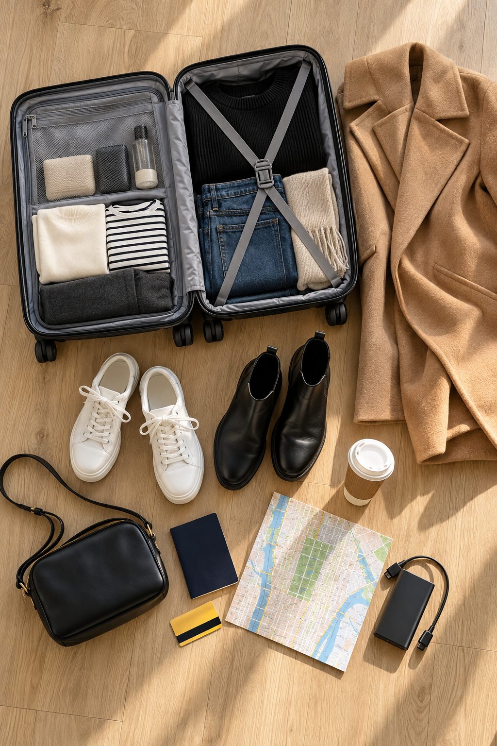 Flat-lay of a carry-on packed for a fall trip to New York: camel coat, black sweater, jeans and white sneakers