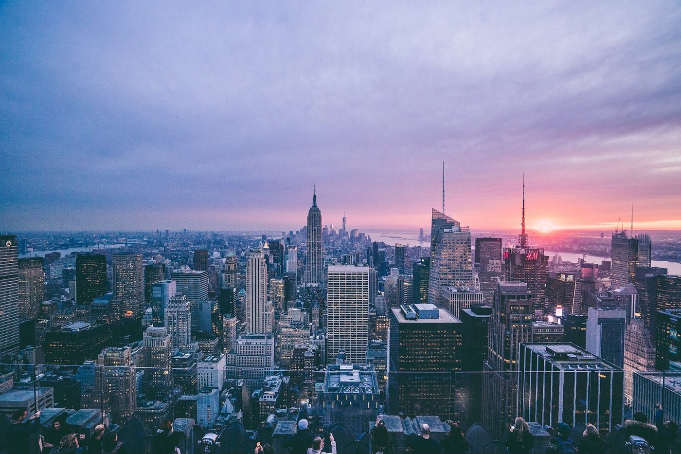 Manhattan skyline with the Empire State Building at sunset