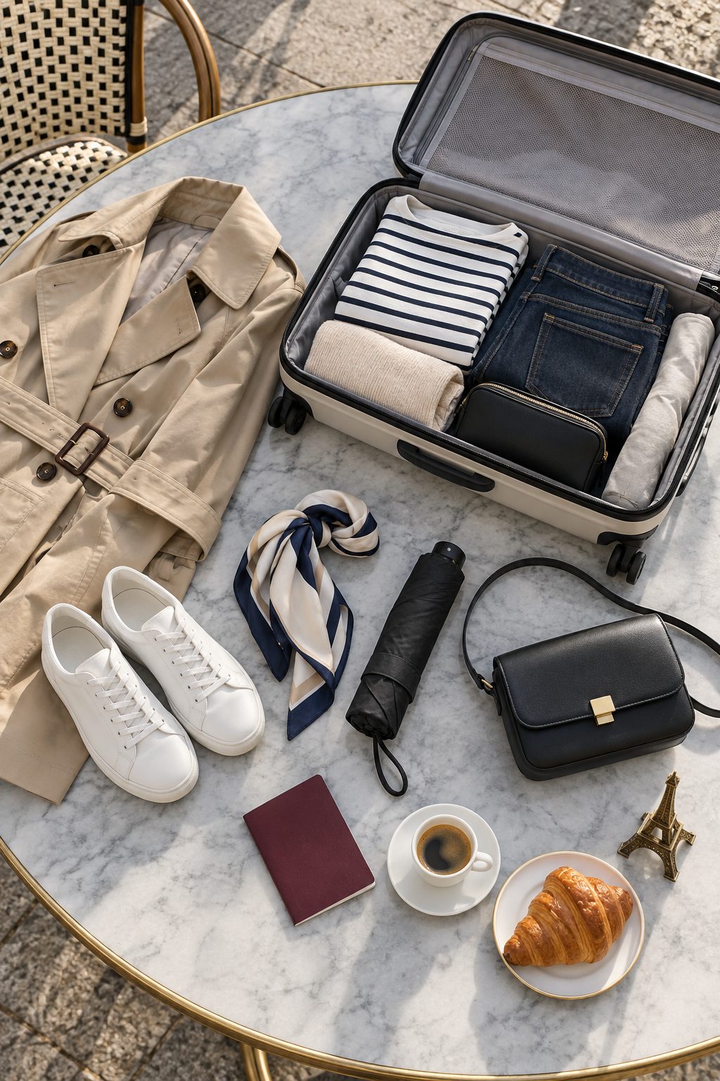 Flat-lay of a carry-on packed for Paris: trench coat, striped top, jeans, white sneakers and scarf