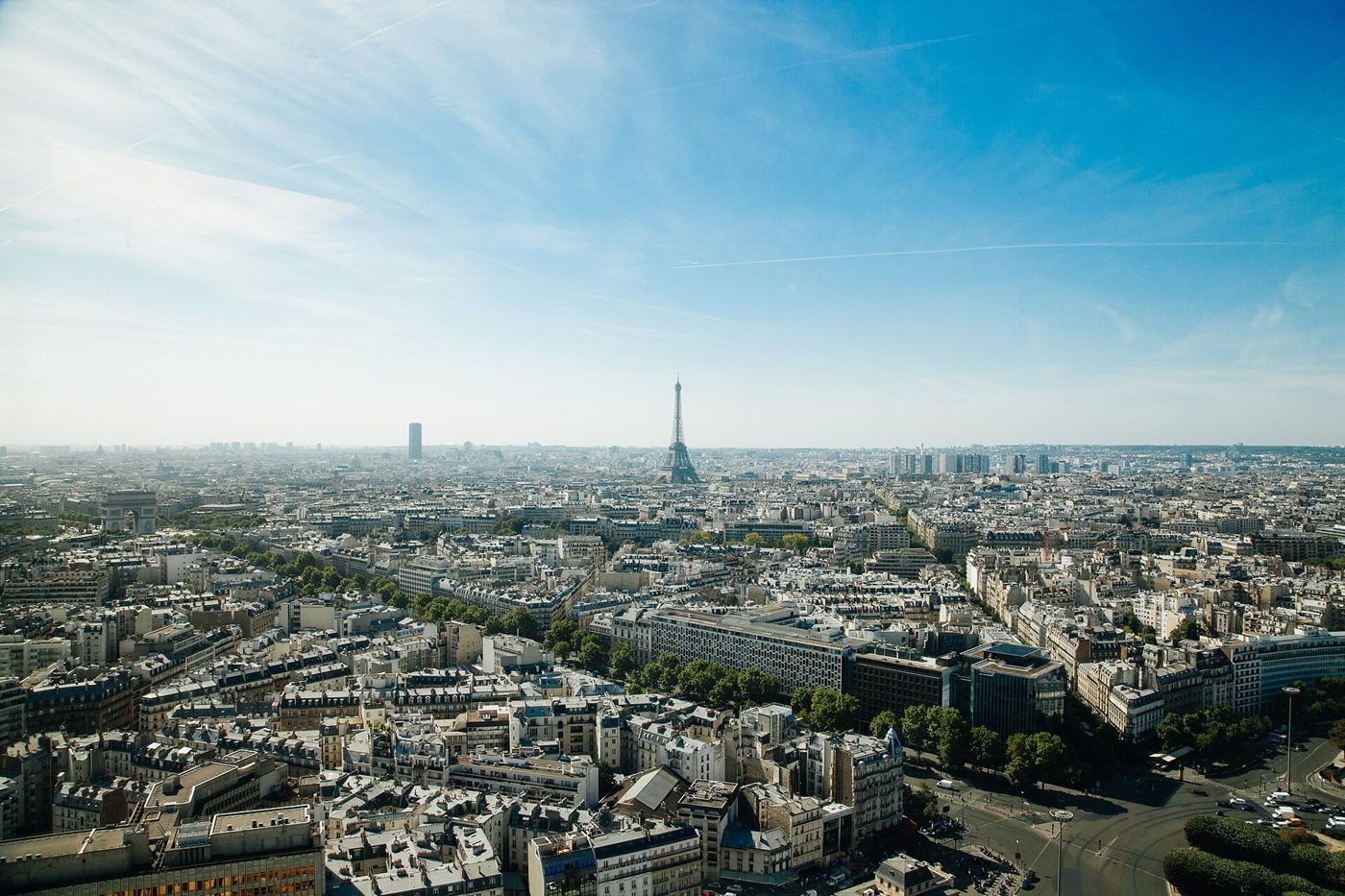View over Paris towards the Eiffel Tower on a clear day