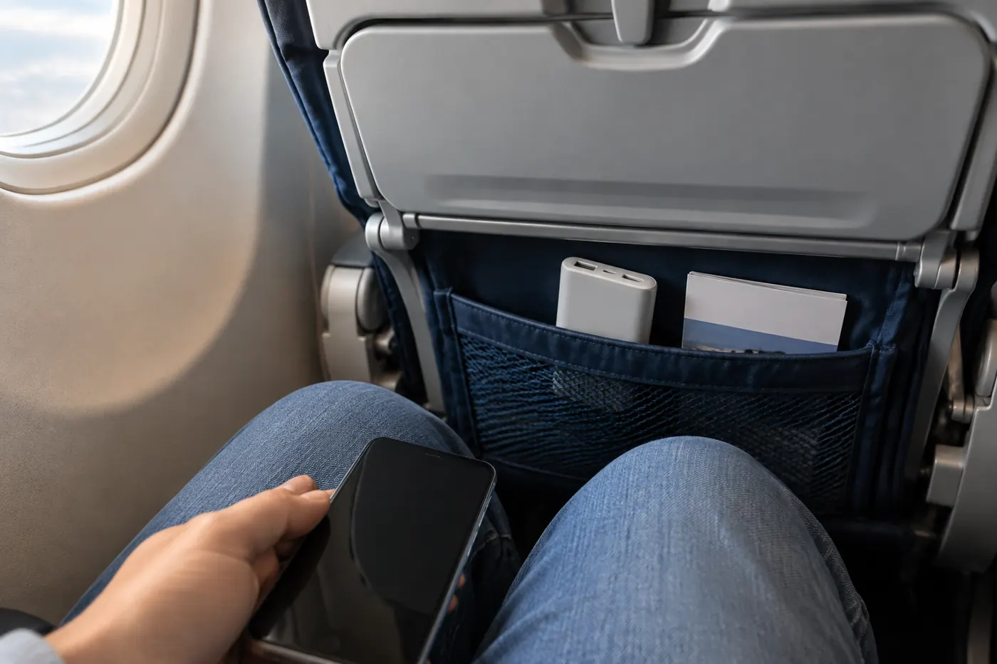 A power bank tucked into an airplane seatback pocket next to a folded safety card