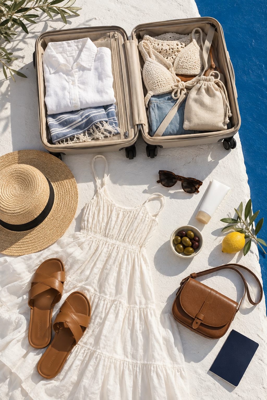Flat-lay of a carry-on packed for Santorini: linen shirt, white sundress, sandals, straw hat and sunglasses